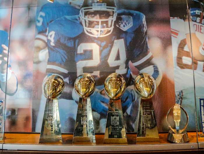 Four Giants Super Bowl trophies on display in the lobby of the franchise headquarters at Quest Diagnostics Training Center.